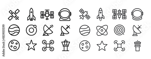 Space icons: rockets, satellites, astronaut helmet, planets, antennas, atoms, drone, control tower