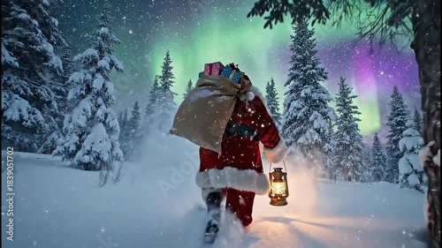 Santa Claus Carrying Gift Sack and Lantern Through Deep Snow Under the Aurora Borealis