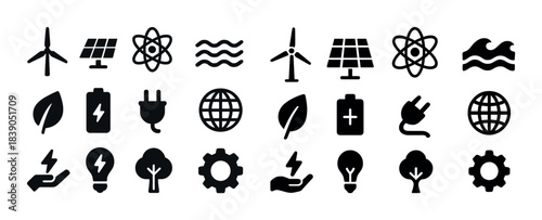 Renewable energy icons: wind, solar, eco, wave, sustainability symbols