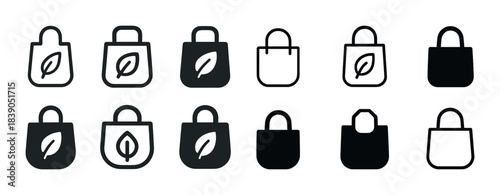 Collection of eco-friendly tote bag icons with leaf designs