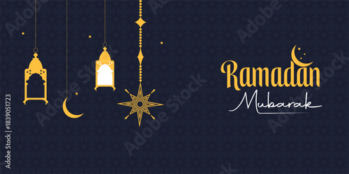Ramadan Mubarak Greeting Banner with Traditional Arabic Lanterns and Moon