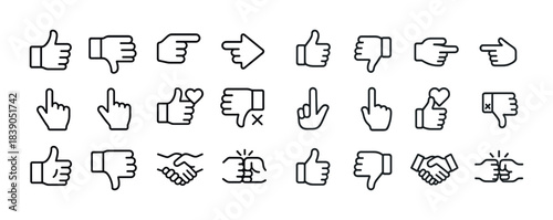 Various hand gesture icons in black and white line style