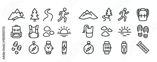 Outdoor adventure icons set: hiking, camping, and nature symbols in line art