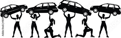 Strong women lifting cars silhouette vector icons set, female power, fitness, workout, extreme strength, weightlifting, and healthy lifestyle illustration.