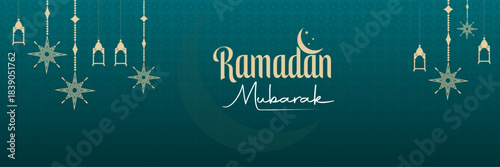 Teal background with geometric pattern, gold hanging lanterns, stars, and the text Ramadan Mubarak  over a faint crescent moon silhouette.