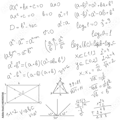 School math formulas, black and white sketch. Vector illustration. Trigonometric and algebraic equations, logarithmic equations, isolated on a white background. Preparatory course notes for university