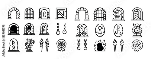 Fantasy game icons: ancient doors, mystical symbols, magical emblems, enchanted pathways, legendary figures