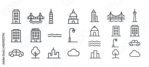 Minimalist cityscape icons: urban landmarks, buildings, cars, trees, clouds