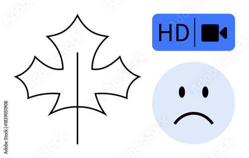 Digital media concepts. Simplified maple leaf, HD video icon, and sad face emotion. Digital media creative content, emotions, technology, and Canadian ation. Use content creation communication