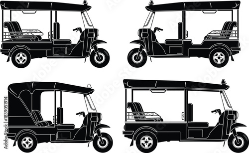 Tuk-Tuk three-wheeled auto-rickshaw vector silhouette icons set, Asian taxi transport, Thailand street vehicle, urban tourism, and black and white illustration.