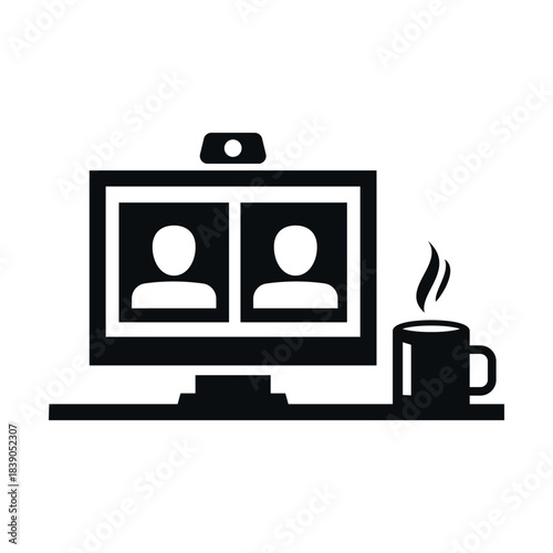 A vector icon of a video call with a computer screen and a cup of coffee on a table during a virtual meeting, highlighting the accessibility of online communication.