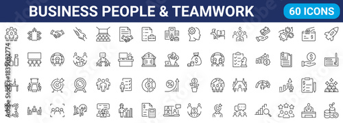 Business people and Teamwork line web icons set. Businessman, human resources, work group, meeting, partnership, success.