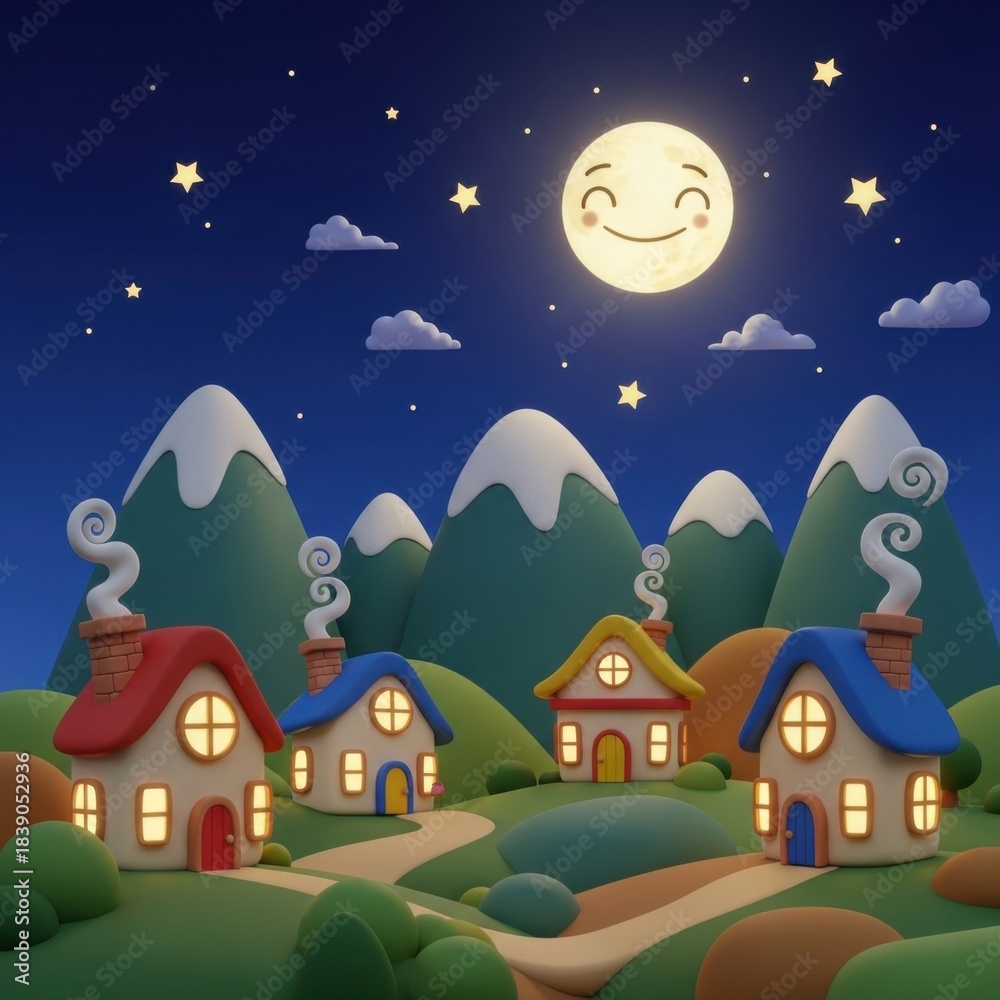 Fototapeta premium Whimsical Nocturne: Cartoon Houses Under Smiling Moonlit Sky in Dreamscape Valley