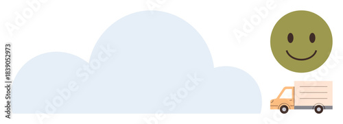 Delivery truck on road below a large cloud and green happy face. Ideal for logistics, eco-delivery, sustainability, happiness, transportation, cloud services, cloud computing. Simple flat metaphor