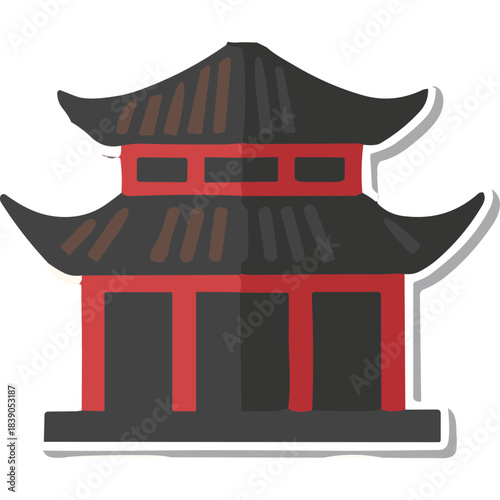 Traditional Asian Pagoda Structure with Red Accents and Dark Tiered Roof Against a Simple Background