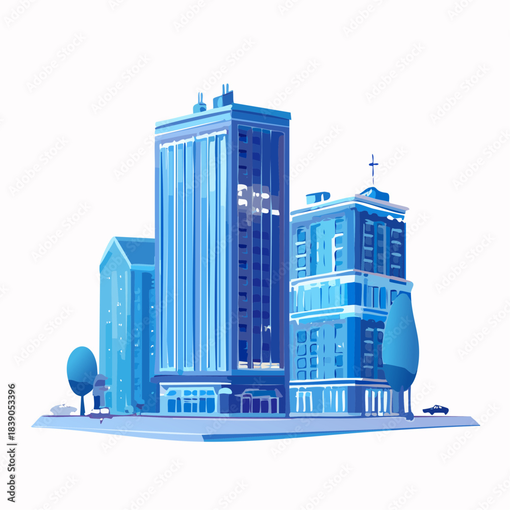 Fototapeta premium Modern blue-toned architectural illustration of a building complex viewed from a street-level perspective
