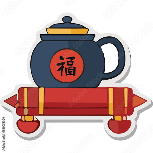 Traditional Chinese Tea Set with Fu Character Symbol on a Red Festive Stand Illustration