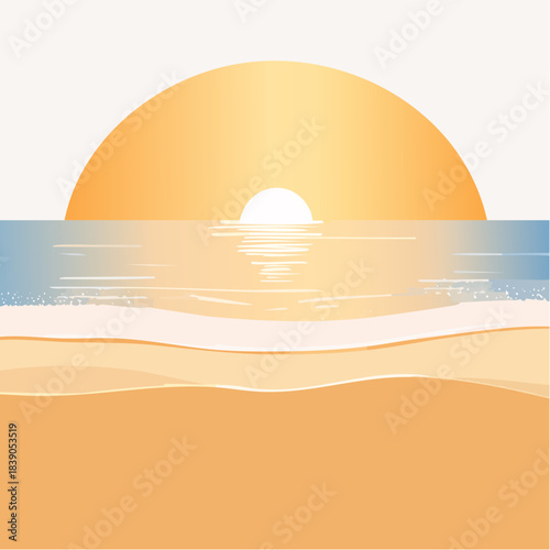 Serene beach scene with a vibrant sun setting over the ocean, viewed from a sandy shore.