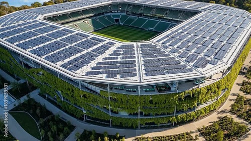 Modern Stadium with Solar Panels and Green Facade Aerial View.