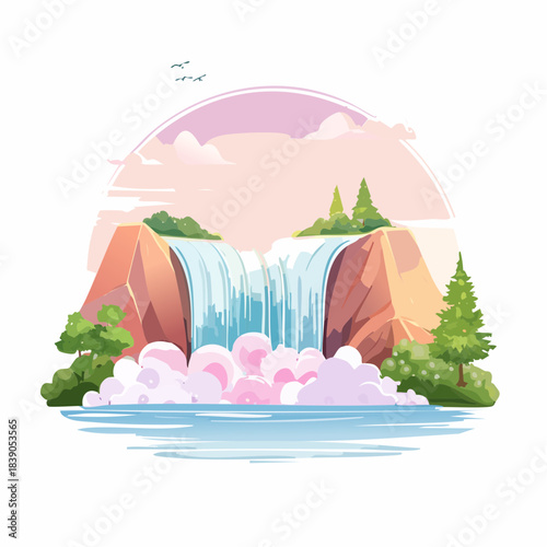 A serene waterfall cascading into a calm lake surrounded by lush trees and rocky cliffs under a soft pink sky
