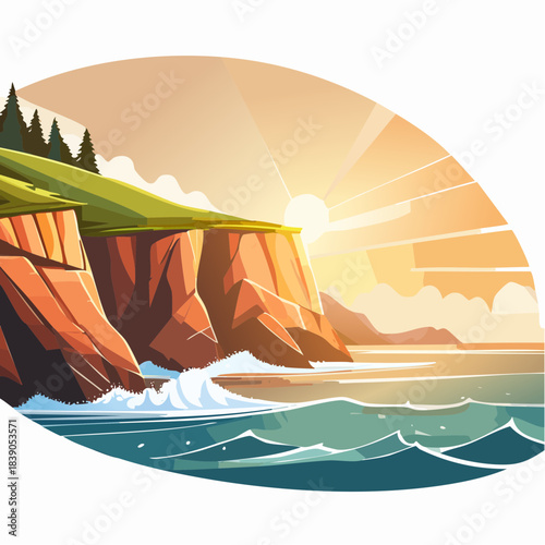 A serene coastal landscape featuring cliffs, ocean, and a vibrant sunset