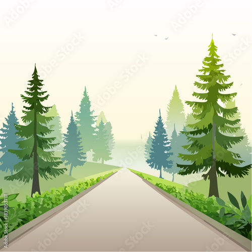 A serene landscape illustration of a road surrounded by tall trees and lush greenery