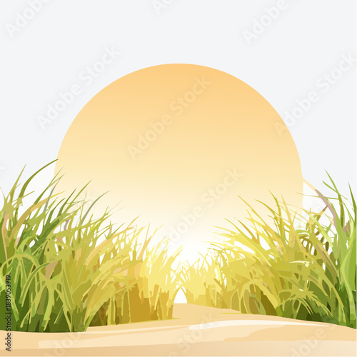 A serene sandy pathway surrounded by lush green grass under a bright yellow sun