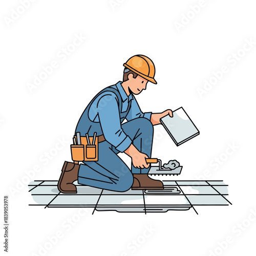 Skilled Craftsman Laying Floor Tiles Professional Worker Performing Home Renovation and Installation Task
