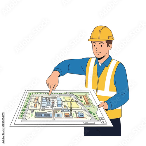 Construction worker pointing at blueprint of industrial site plan