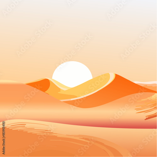 Sunset over vast desert dunes landscape illustration