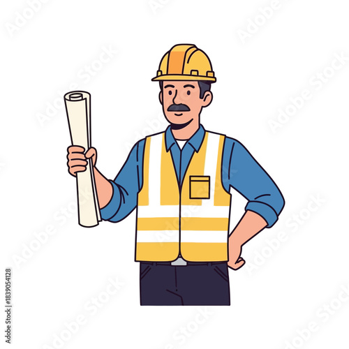 Skilled engineer holding architectural plans, dressed in safety gear, ready for site supervision and project execution