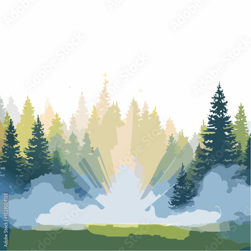 Serene Forest Landscape with Misty Trees and Cloudy Sky Viewed from a Distant Hill