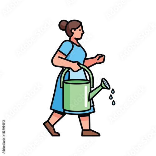 A dedicated woman walks with a green watering can, ready to hydrate and nurture her flourishing garden plants with diligent care