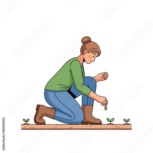 Gardener Planting Seeds in a Row of Soil with Growing Sprouts