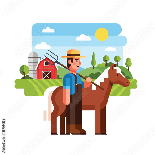 Vibrant illustration of a dedicated farmer alongside his horse on a beautiful green farm