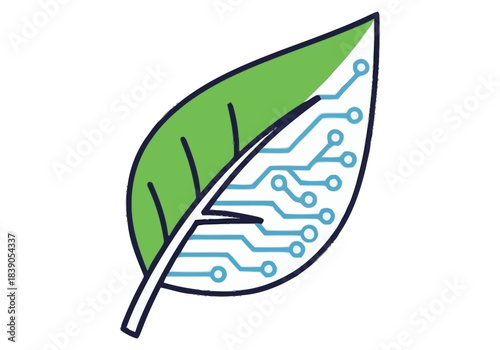 Sustainable Technology Innovation Leaf with Integrated Circuitry Niche Industry Vector Icons Evergreen Microstock Graphics Sustainable Energy Line Art