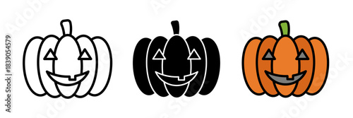 Pumpkin (Halloween) icon carved pumpkin symbol, jack-o’-lantern illustration, spooky Halloween decoration, festive fall icon, autumn harvest, minimalist flat design.