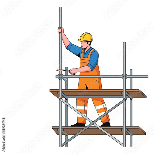 Construction worker assembling scaffolding on a building site