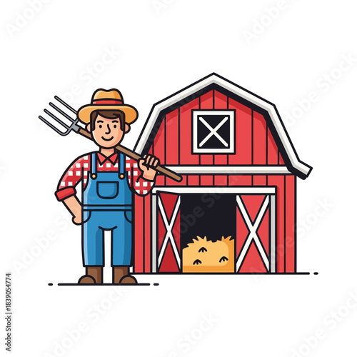 Farmer with Pitchfork Standing in Front of a Red Barn with Hay