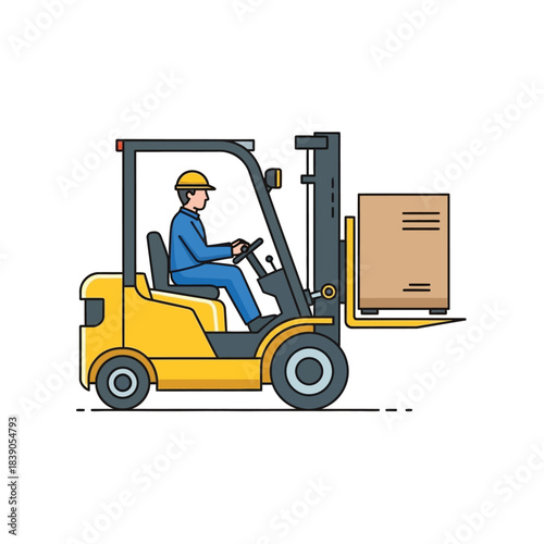 Forklift truck driver operating vehicle with load in warehouse