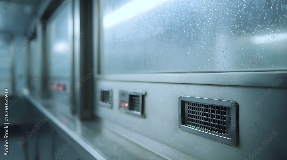 Fototapeta premium A sterile metallic interior with condensation and ventilation grilles featuring cool lighting