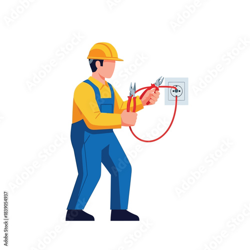 Electrician repairing an electrical outlet with pliers, focused on safety and expertise