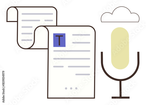 Microphone connecting to text files under a cloud, signifying transcription, digital storage, and cloud computing. Ideal for tech, media, education, productivity, innovation communication and AI
