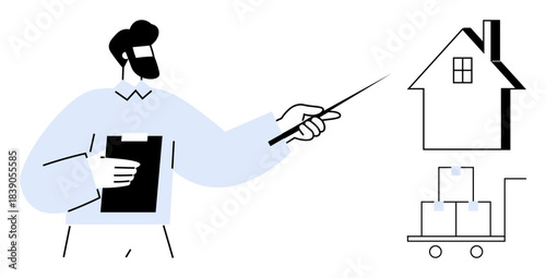 Real estate, logistics, delivery services, housing solutions, property management, e-commerce. A man holds a clipboard and points with a stick at a house and packages. Real estate and logistics