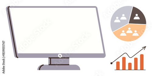 Digital monitor alongside user demographics pie chart and rising bar graph indicating analytics, trends, and goals. Ideal for business, marketing, data insights, teamwork, goals, research