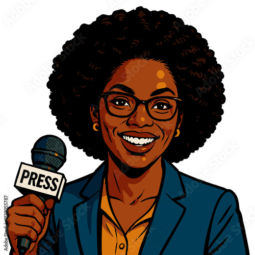 Female journalist in a suit holding a press microphone, perfect for media or communication themes. vector colorful pop art illustration.
