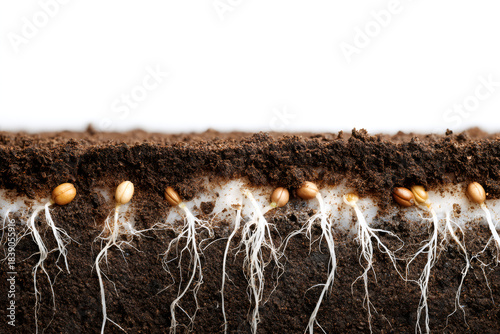 Seeds germinating underground in a soil cross-section. Plant roots growing in the earth. New life, growth, and agriculture concept on a white background