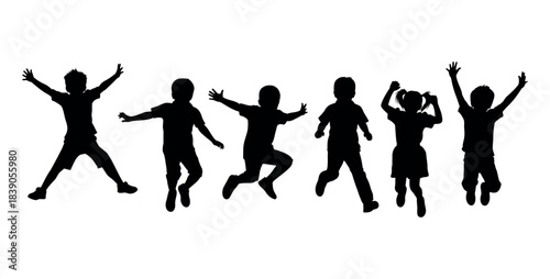 Six children jumping in the air flat vector silhouette illustration isolated on white background