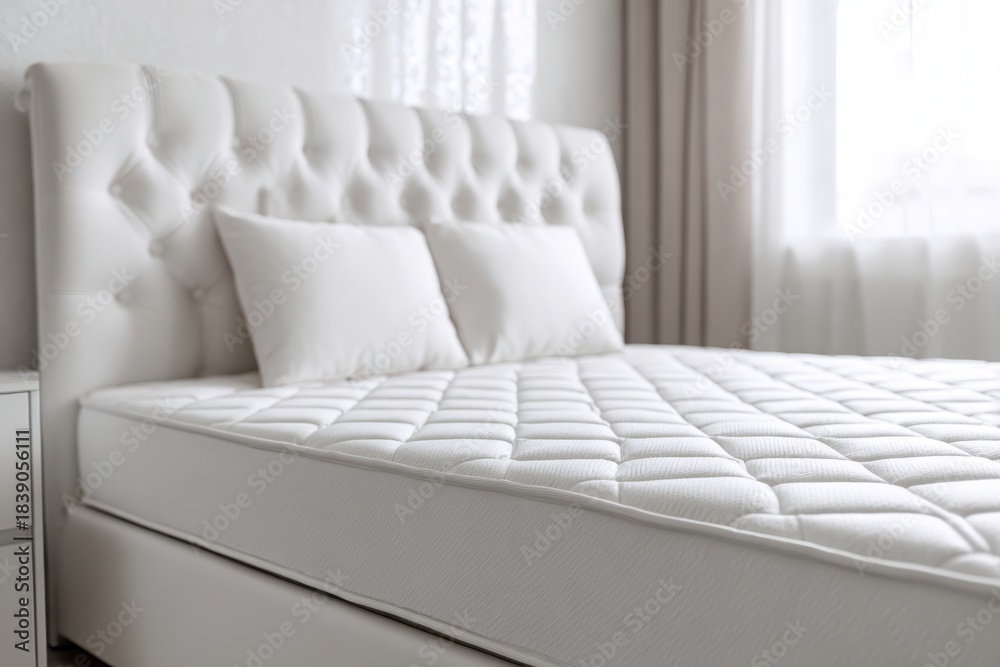Obraz premium Mattress. Bed with comfortable orthopedic mattress in light room. Quilted white mattress for restful healthy posture sleep. Softness supported by layers inside fabric seal. Memory Foam Core Mattress