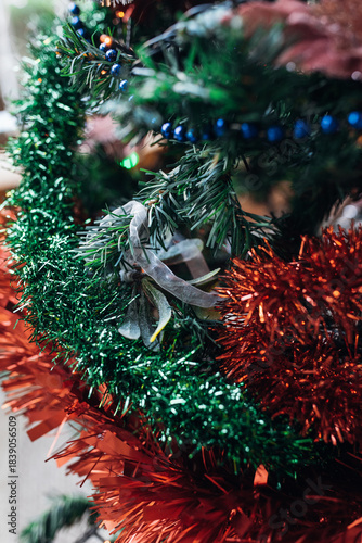 Christmas Decorations and a Festive Tropical Tree at Sunset